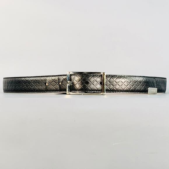 GUCCI Size 38 Black Silver Embossed Geometric Leather Belt - Picture 1 of 9